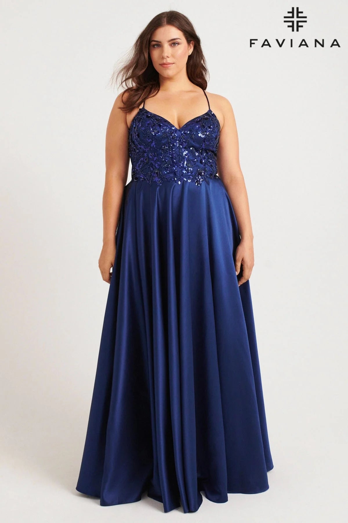 Plus Size V-Neck Silky Gown With Sequin Appliqué Bodice | 9578