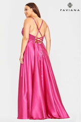 Hot Pink V Neck Long Charmeuse Dress With Beaded Bodice