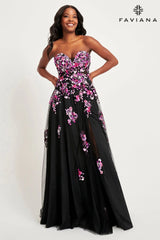 Fuchsia Strapless Corset Dress With Flowy Tulle Skirt And Floral Applique | 11028