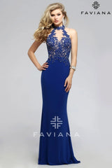 Jersey Halter Evening Dress With Lace Applique Bodice And Choker