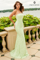 Celery Green Strapless Dress With Beaded Appliqué Tulle And Lace-Up Back | 11085