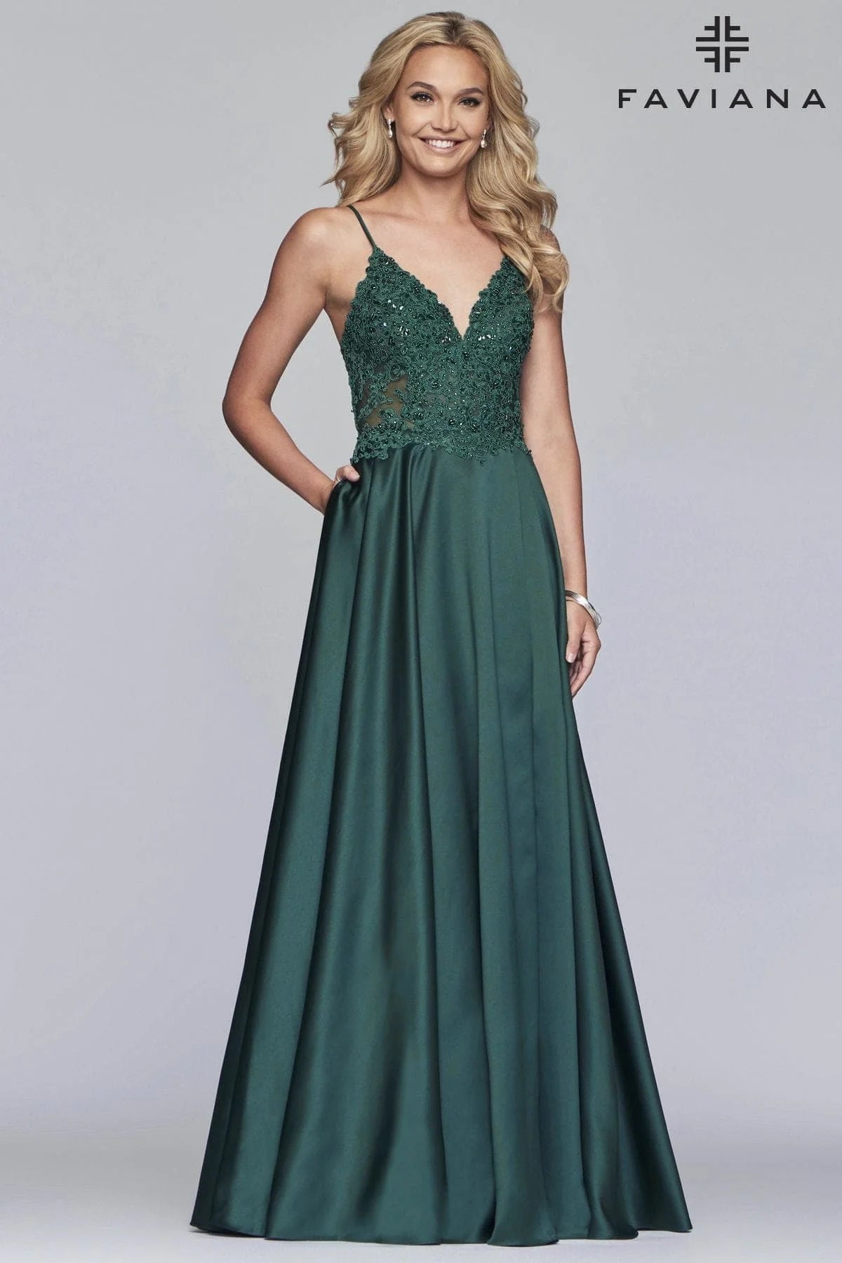 Long Satin Dress With Ballgown Skirt And Beaded Applique