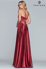 Wine Silky Charmeuse Lace Up Back Prom Dress With Side Pockets