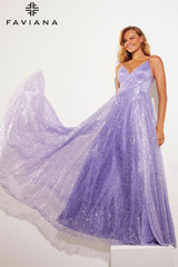 Lilac Shimmery Sequin A-Line Gown With Crossover V-Neck Detail | 11203