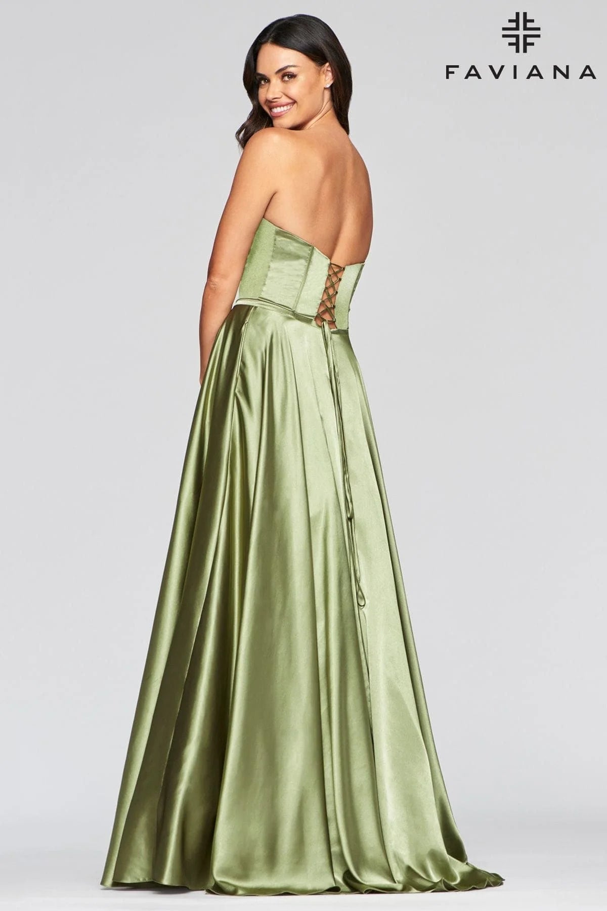 Long Strapless Satin Ball Gown Dress With Deep V Neck