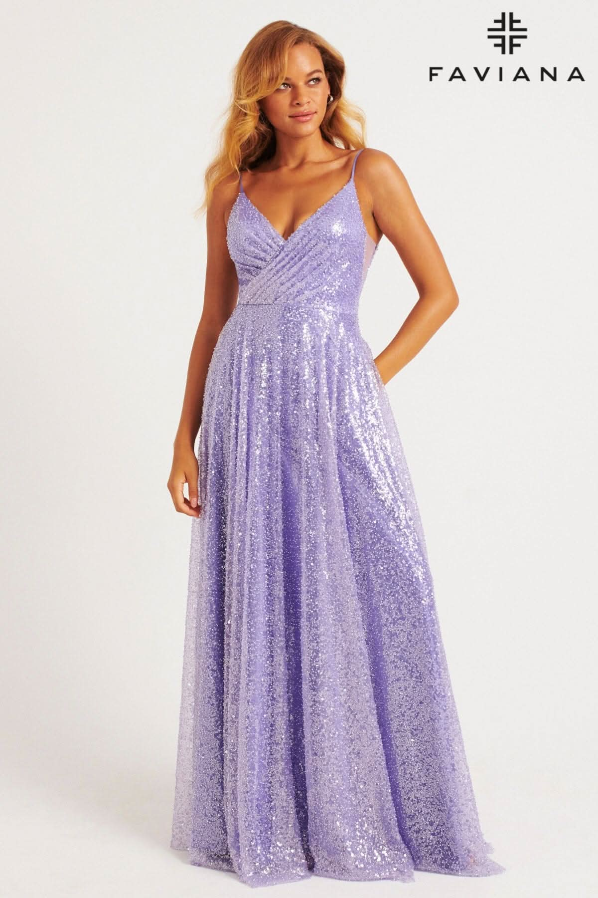 Lilac Shimmery Sequin A-Line Gown With Crossover V-Neck Detail | 11203