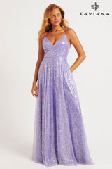 Shimmery Sequin A-Line Gown With Crossover V-Neck Detail | 11203