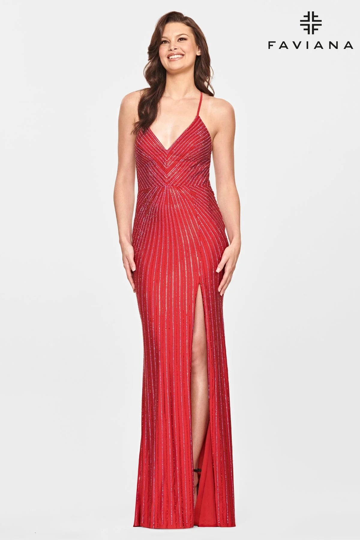 Ruby Long V Neck Dress With Beading And Open Back | S10804