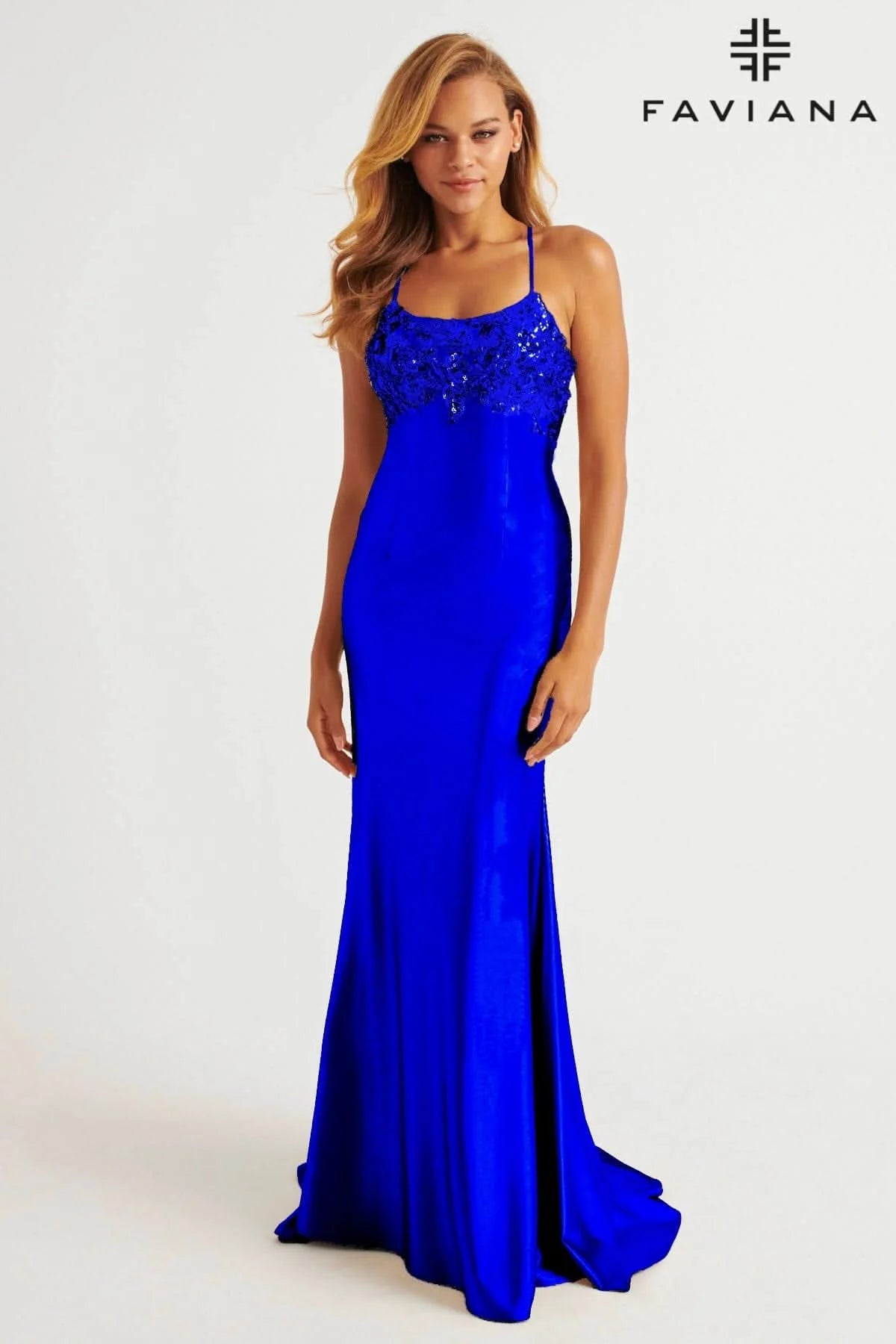 Royal Satin Scoop Neck Dress With Sequin Applique And Lace Up Back | E11201