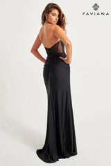 Sleek Black Strapless Formal Gown With Corset Boning And Ruching | 11041