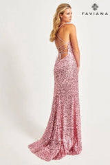 Light Pink Flower Sequin Fabric Scoop Neck Long Dress | 11033