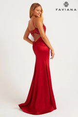 Red Sparkle Stretch Satin Beaded Long Dress With Lace-Up Open Back | 11256