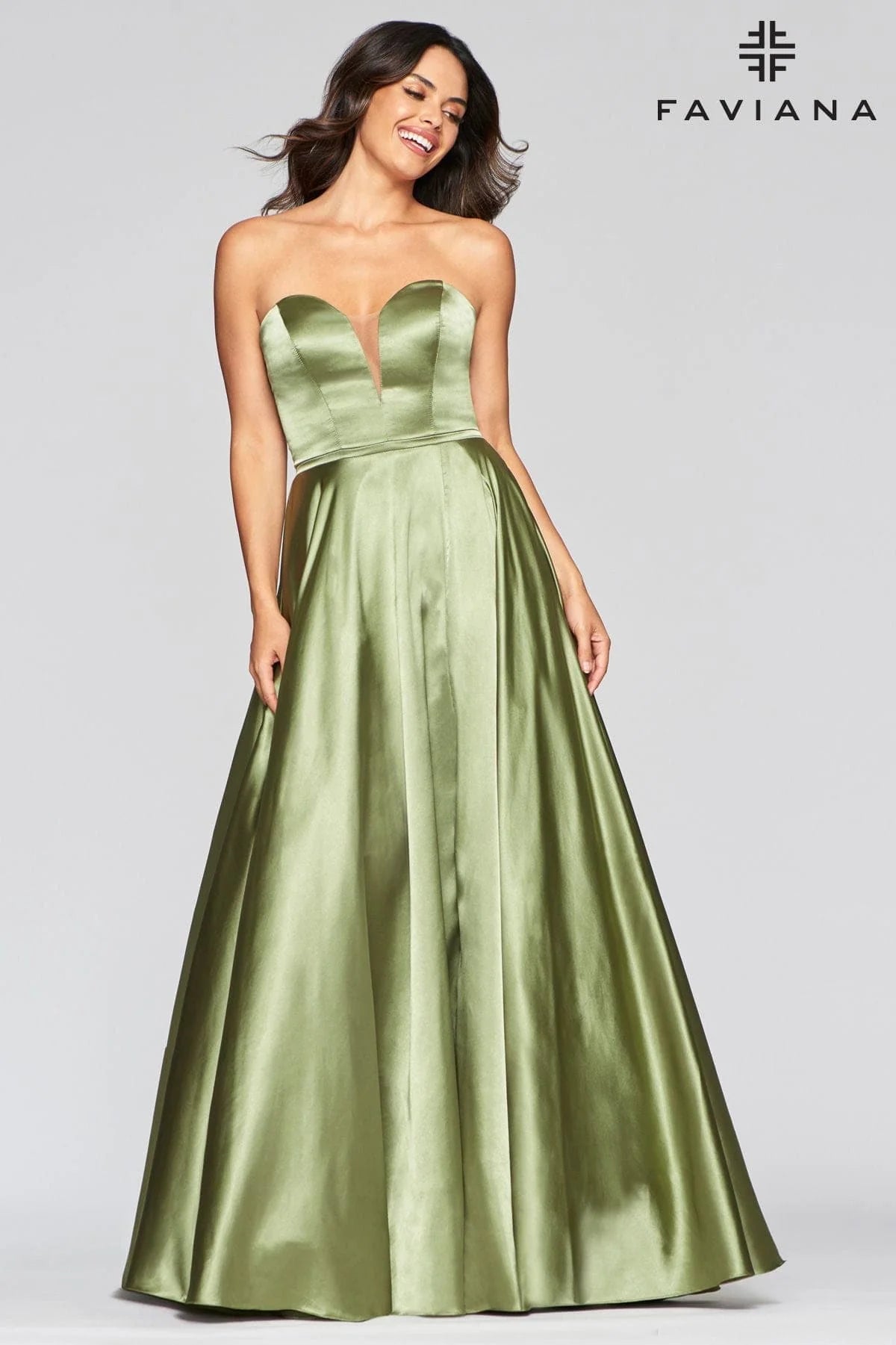 Long Strapless Satin Ball Gown Dress With Deep V Neck