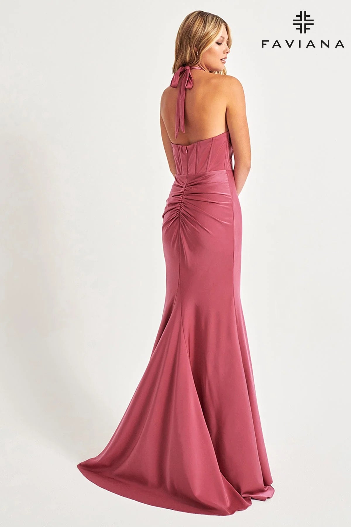 Halter Neck Corset Dress In Rose Matte Satin | 11065