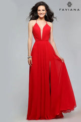 Chiffon V-Neck Evening Dress With Full Skirt And Lace-Up Back