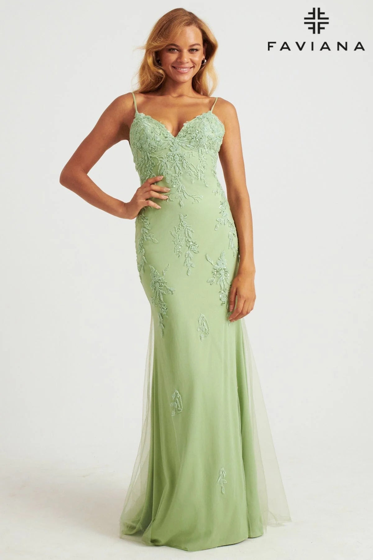 Sage Green Beaded Lace Long V Neck Dress With Open Back | S10633