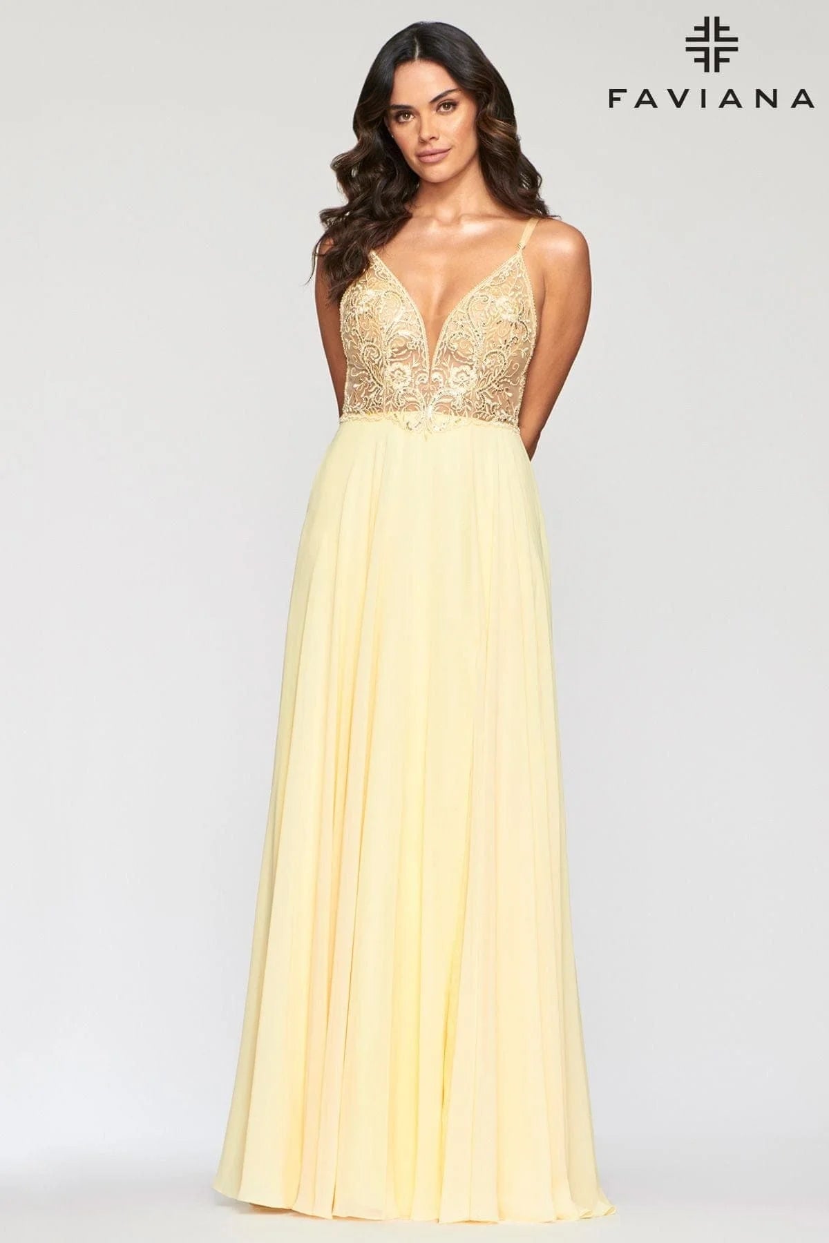 Long Chiffon Dress With V Neck And V Back