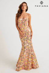 Spring Strapless Sequin Mermaid Dress With Colorful Floral Design | 11036