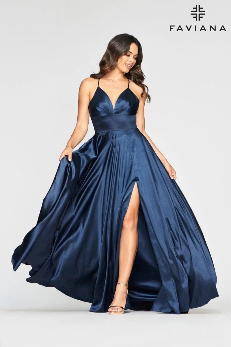 Long Matte Satin V-Neck Lace-Up Gown