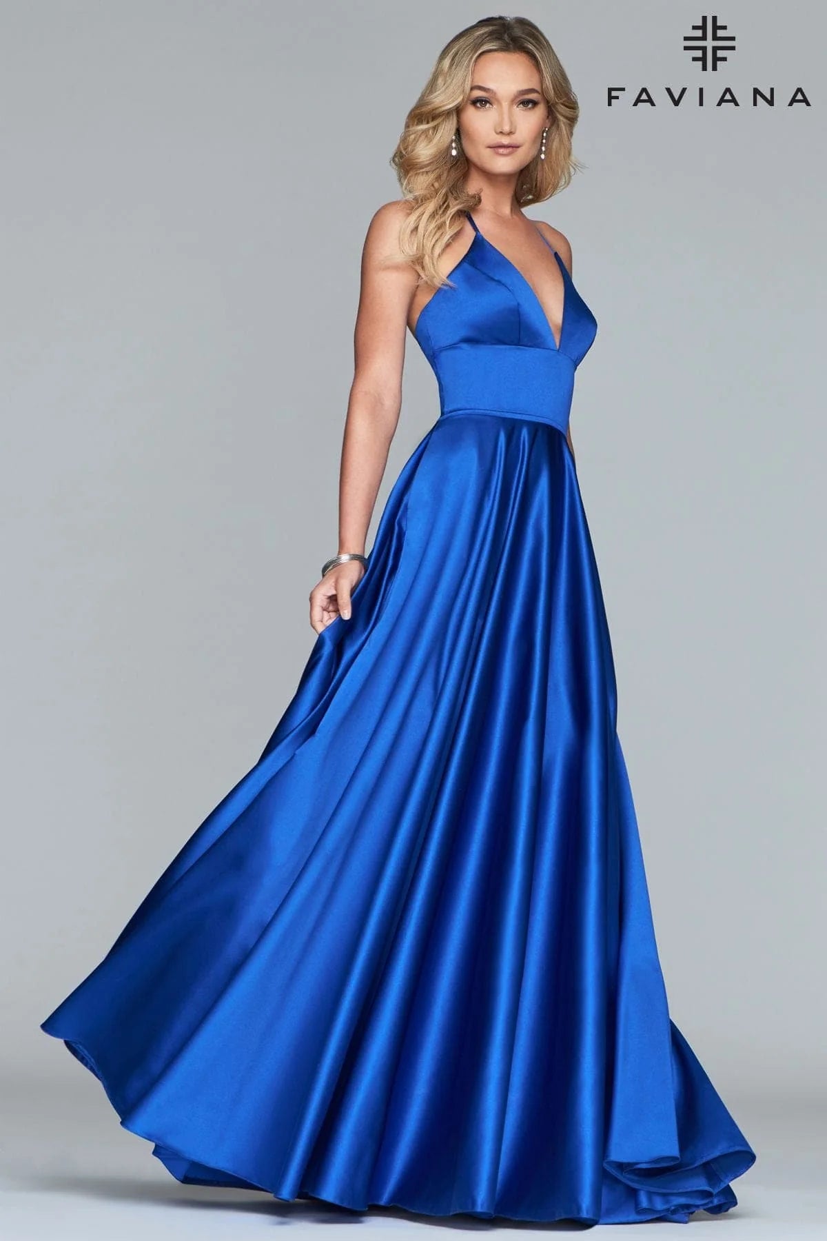 Satin Ballgown Dress With Lace Up Back And V Neck | S10252