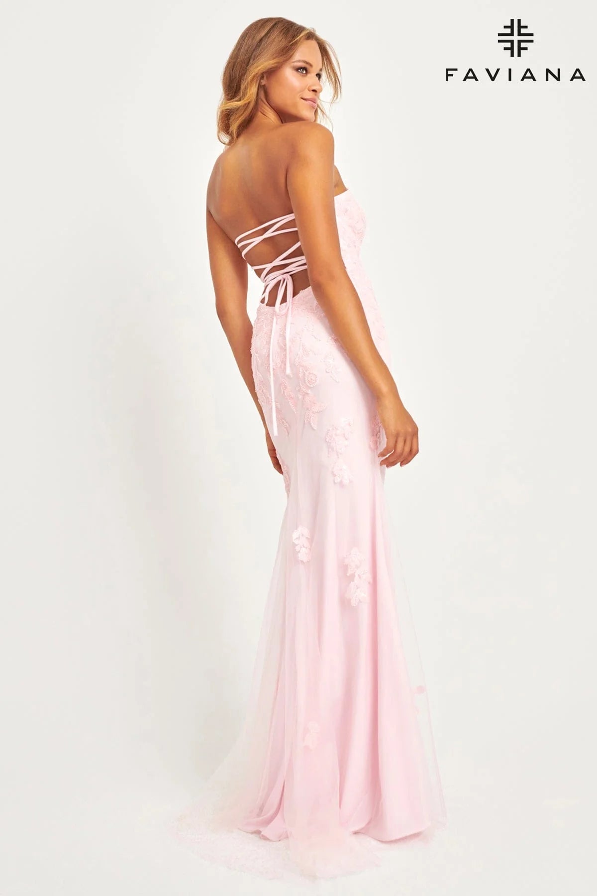 Light Pink Strapless Light Pink Tulle And Lace Appliqué Dress For Prom | 11004