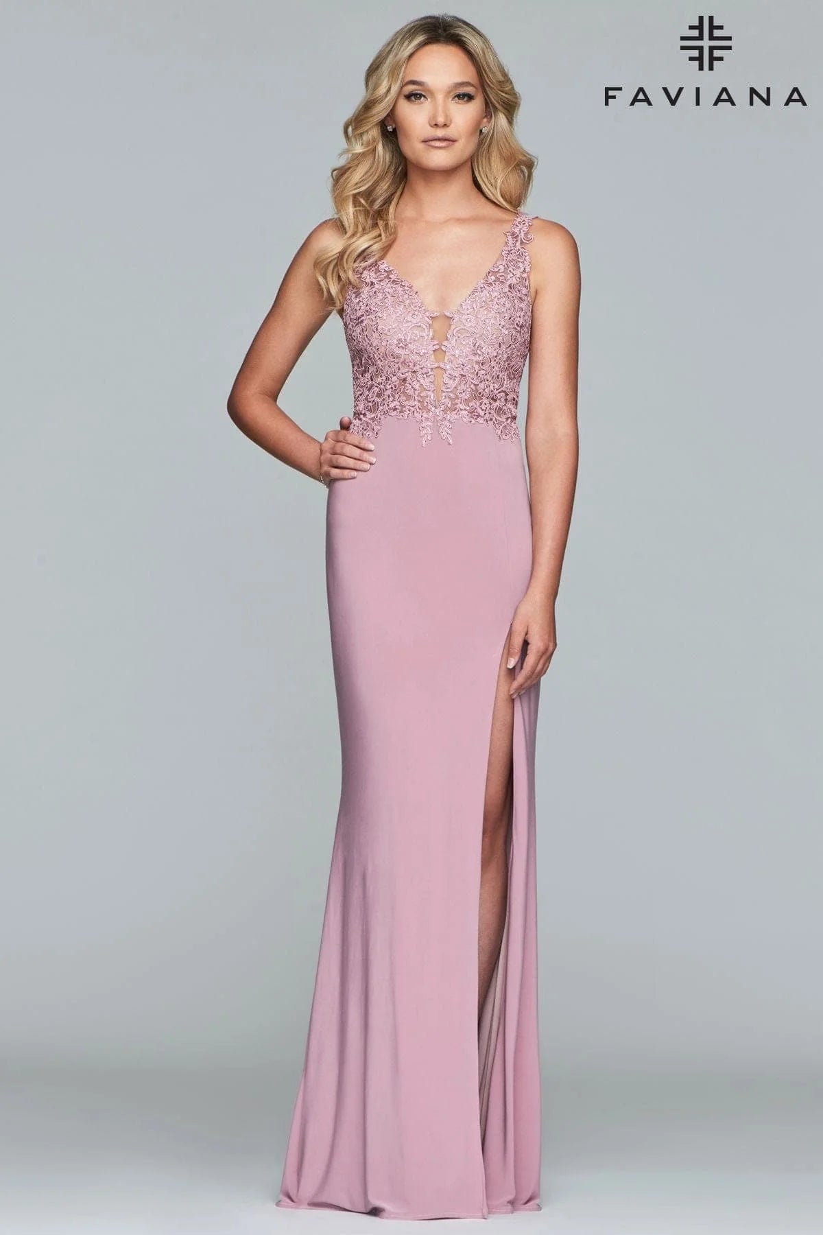 Long V Neck Dress With Applique Lace Bodice