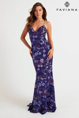 Purple Navy Sequin Prom Dress With Floral Aesthetic Design | 11000