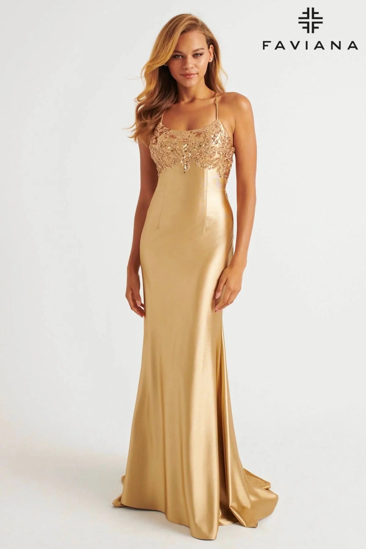 Satin Scoop Neck Dress With Sequin Applique And Lace Up Back | E11201