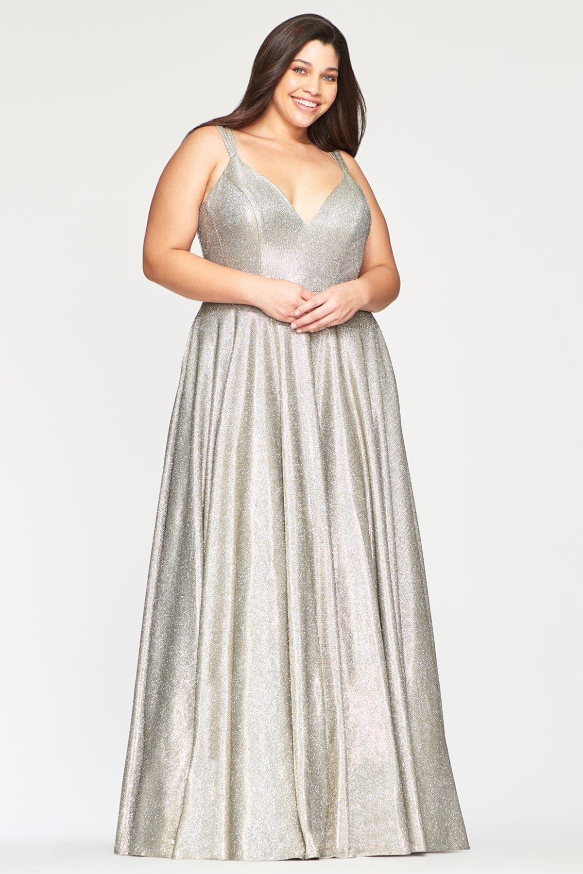 Plus Size Long Jersey V Neckine Dress With Metallic Fabric