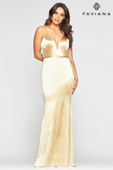 Stretch Satin Long Dress With Deep V Neck