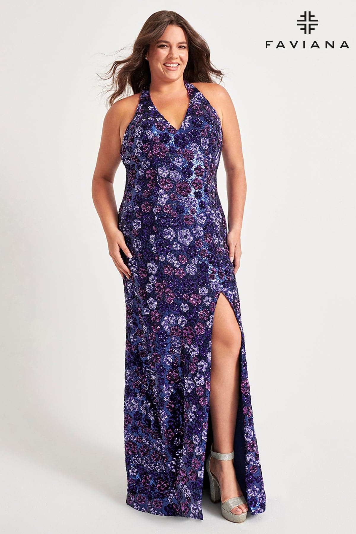 Sequin Halter Neck Plus Size Dress With Floral Design | 9560