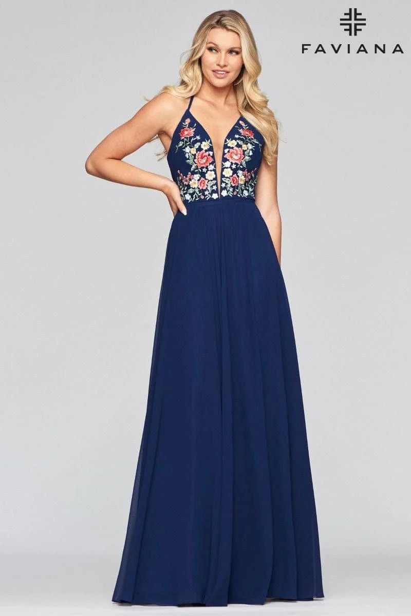 V Neck Long Chiffon Dress With Floral Embroidered Bodice