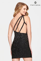 One Shoulder Short Dress With Rhinestone Beading And Strappy Back