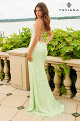 Celery Green Strapless Dress With Beaded Appliqué Tulle And Lace-Up Back | 11085