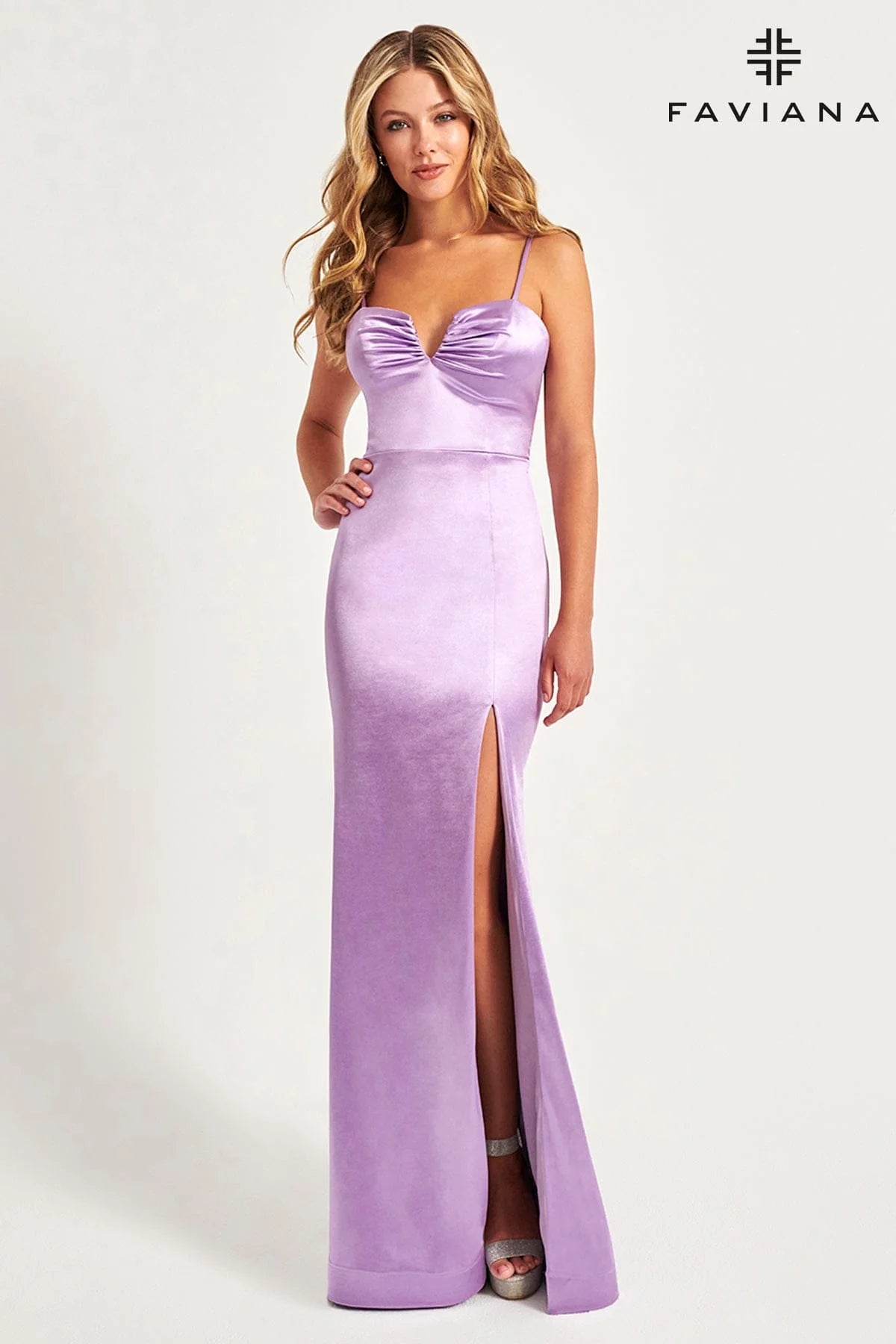 Long Lilac Satin Prom Dress With V-Neck Detail And Open Back | 11025