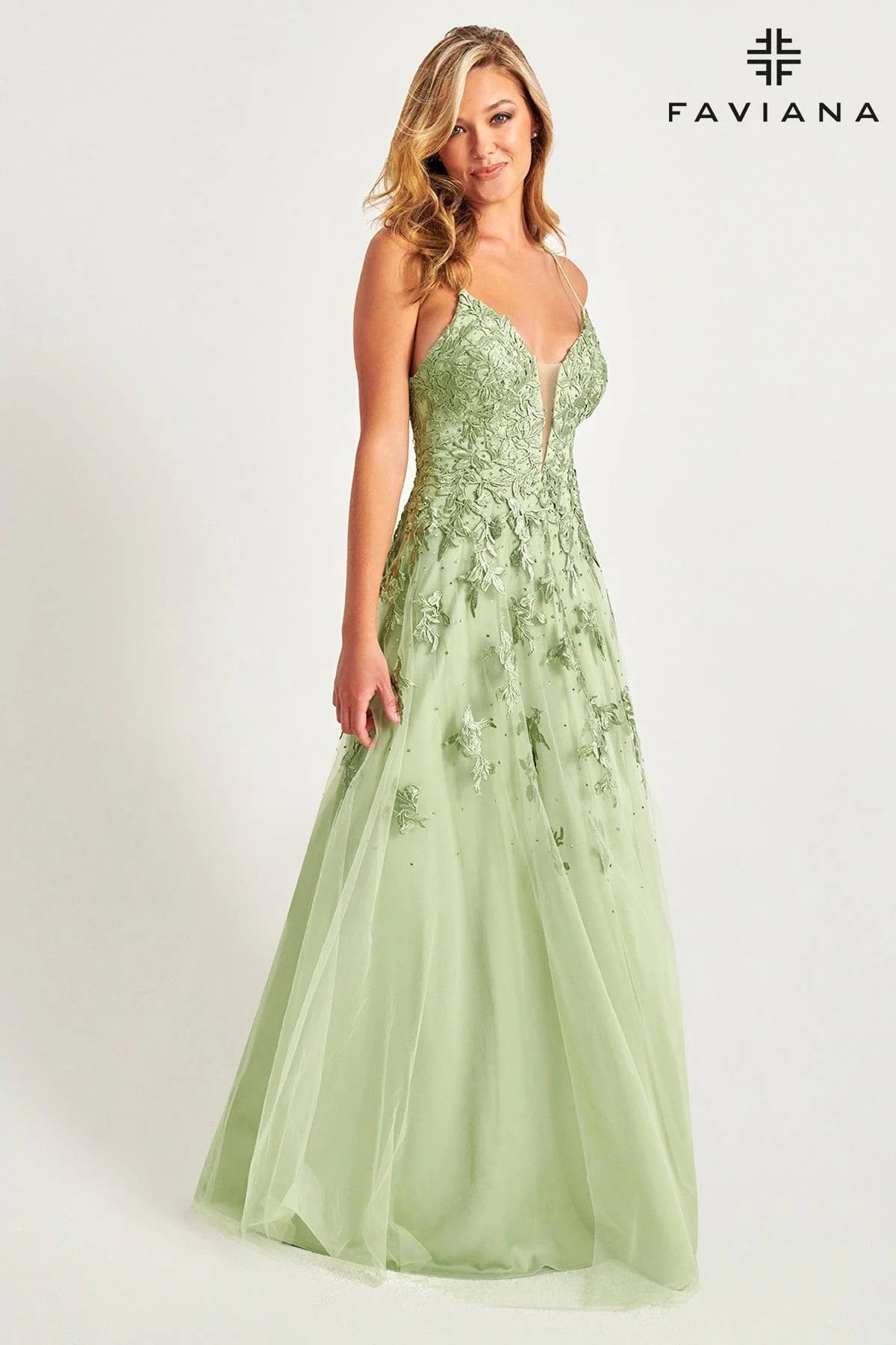 Sage Green Long Lace Deep V Neck Dress With Lace Up Back | S10640