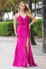 Raspberry Sleek Satin V-Neck Dress For Prom With Beading And Lace-Up Back | 11010