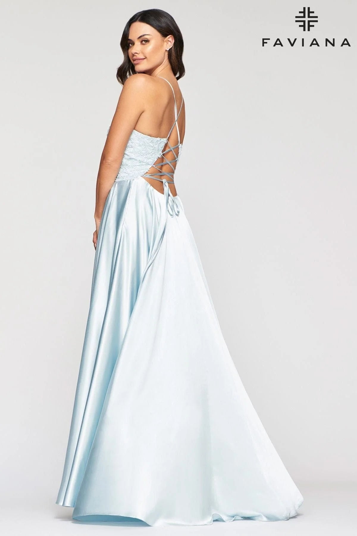 V Neck Charmeuse Gown With Applique Bodice