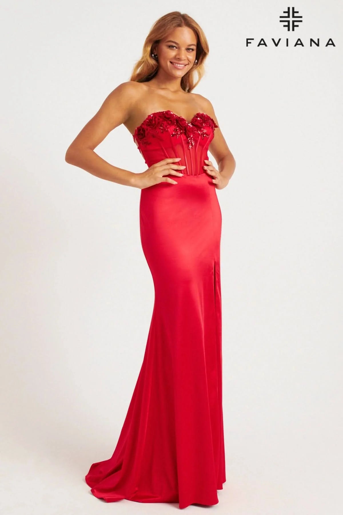 Red Strapless Corset Dress With Rosette Flower Appliqués | 11248