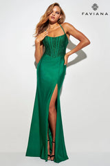 Emerald Green Hotfix Rhinestone Corset Dress For Prom | 11011