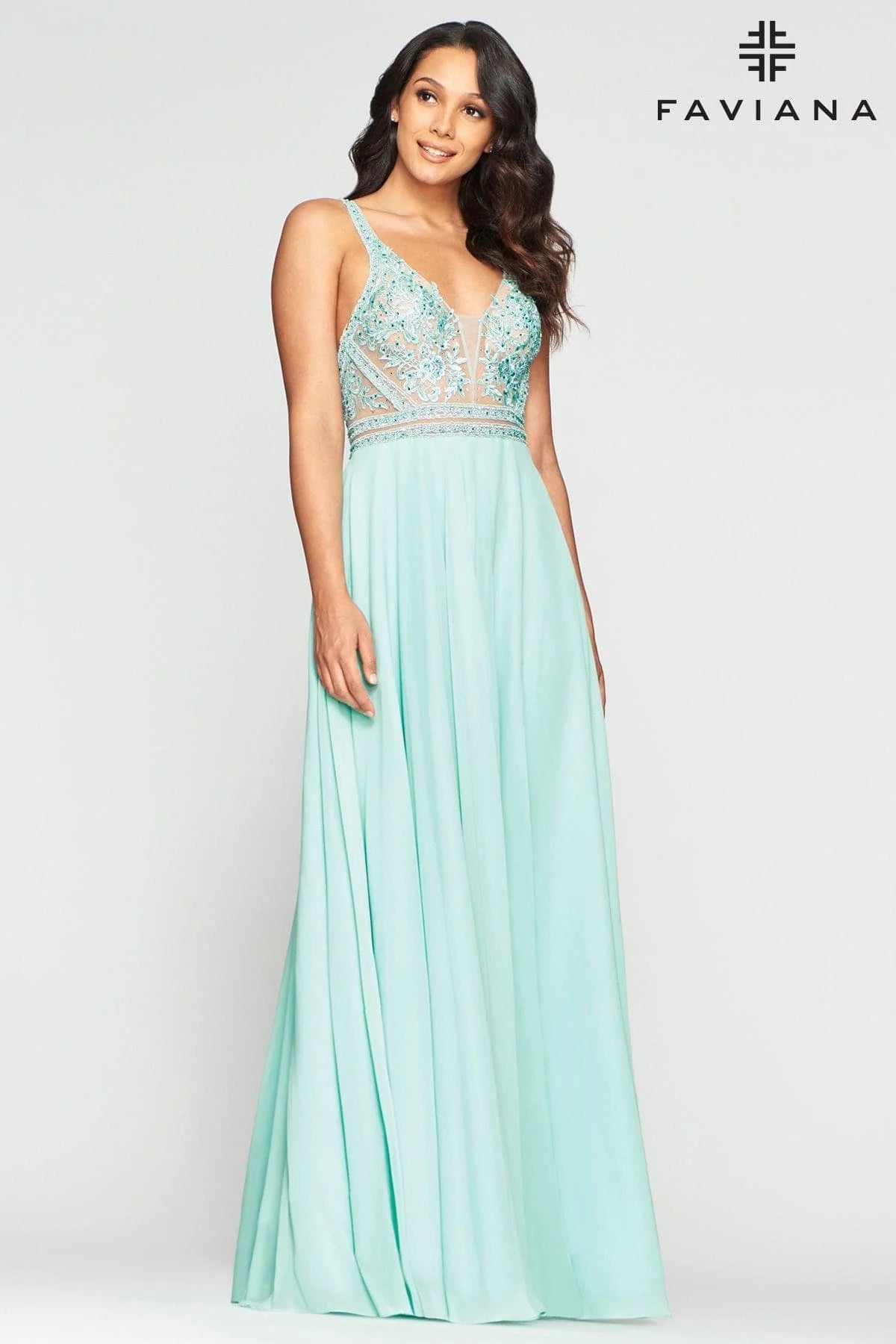 V Neckline Prom Dress With Chiffon Skirt And Mesh Paneling