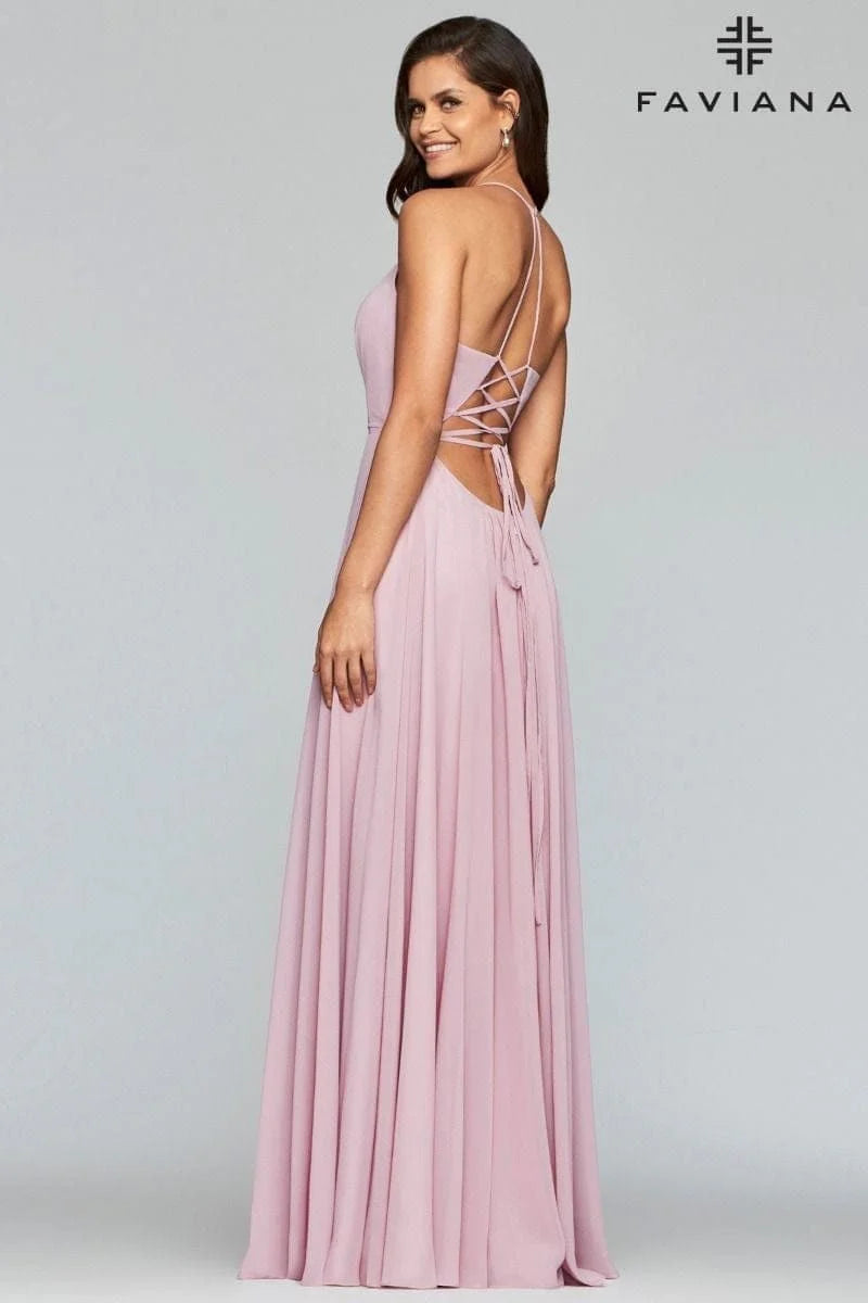 Chiffon V-Neck Evening Dress With Full Skirt And Lace-Up Back